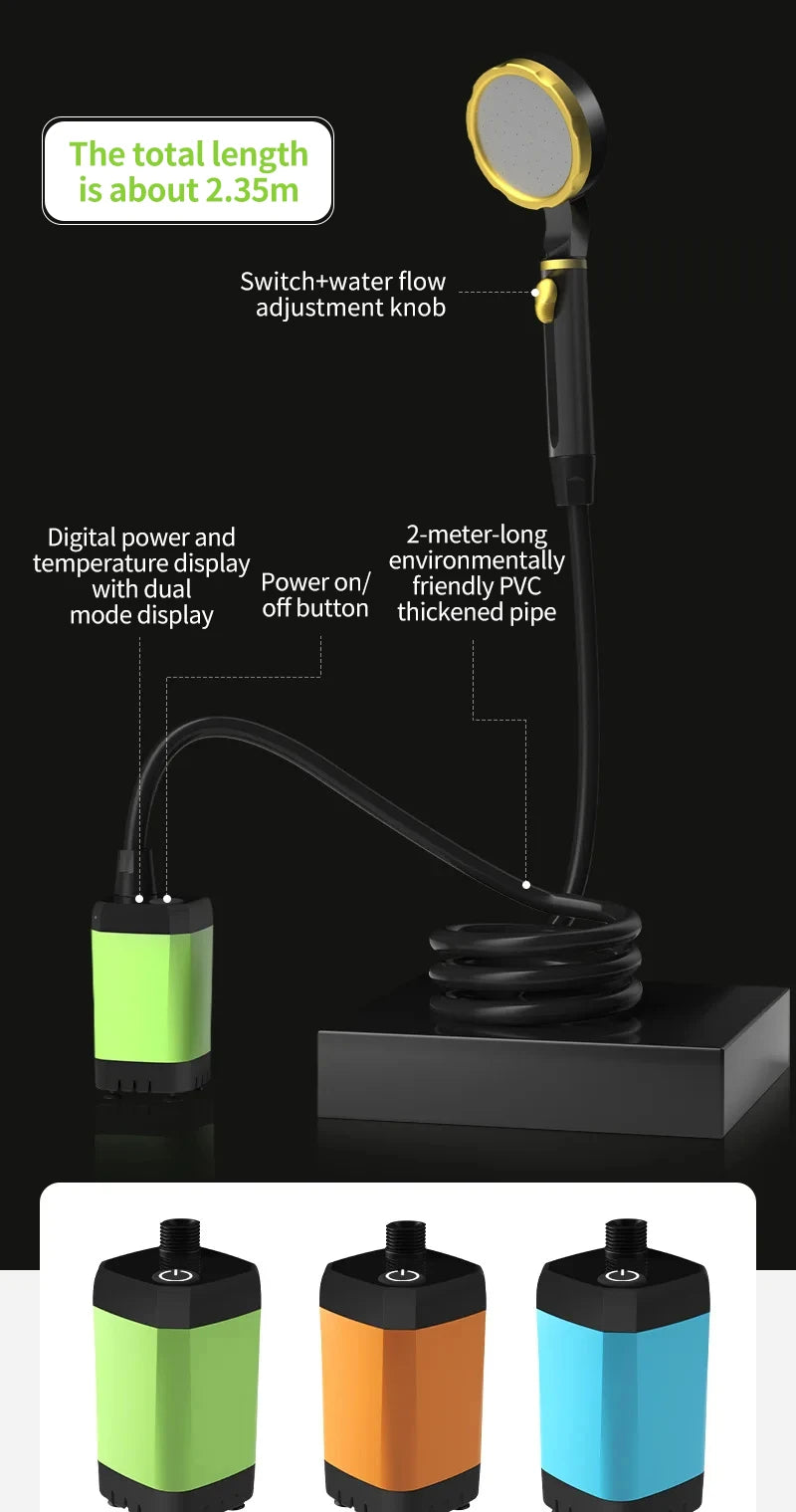 6000mAh Portable Camping Shower Pump Outdoor Shower Kit w/Full Screen Intelligent Digital Display For camping pet bath car wash Trekker Essentials