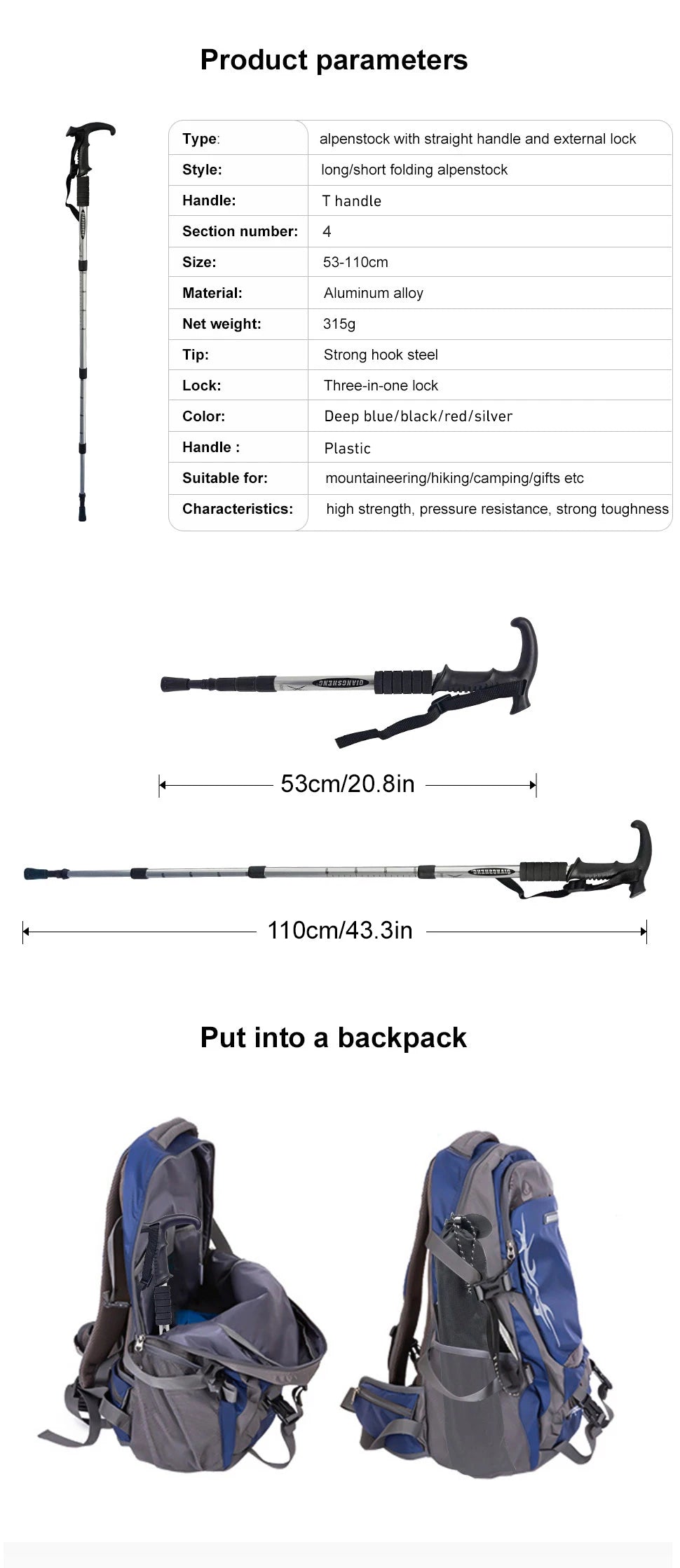 4-Section Telescopic Trekking Pole, Lightweight Folding Walking Stick for Hiking & Climbing