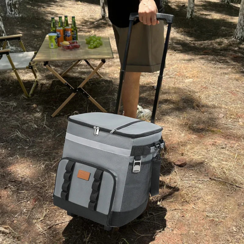 35L Leakproof Soft Cooler Bag with Wheels Large Capacity Insulated Thermal Tote for Picnic Camping Beach Delivery Multi-purpose Trekker Essentials