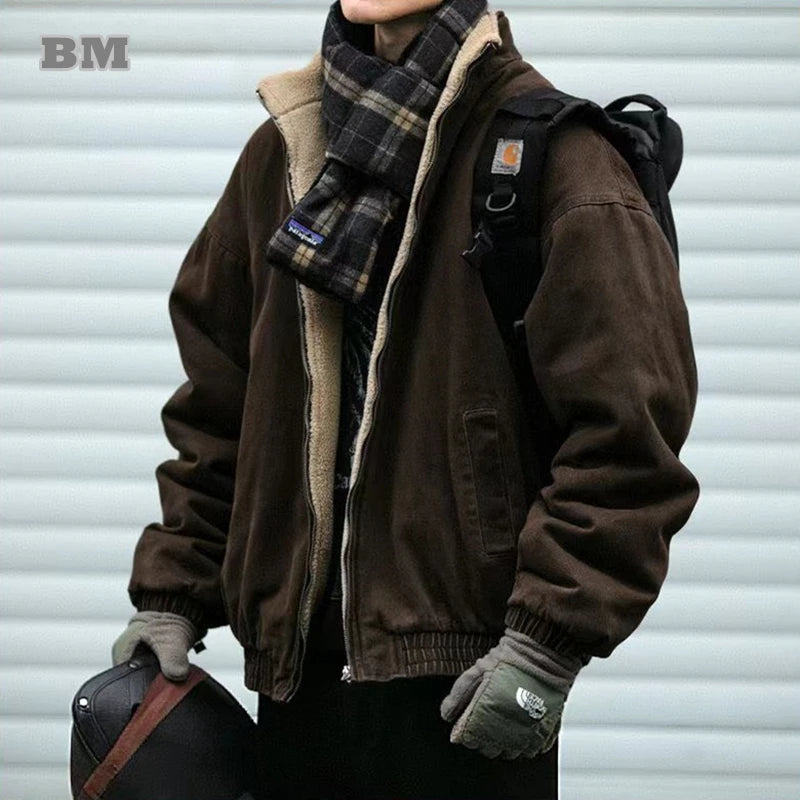 Vintage Polar Fleece Jacket Men's Winter Thick Loose Fit Streetwear Warm Coat