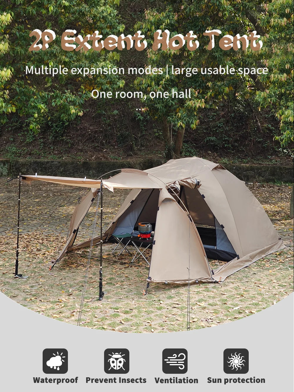 2 Person Hot Tent with Stove Jack – 4 Season Waterproof Camping Tent with Snow Skirt & Extended Vestibule Trekker Essentials