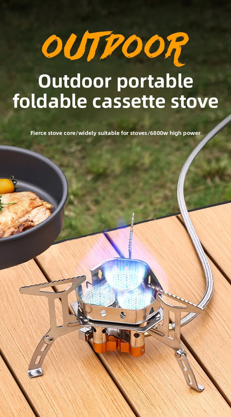 Estufa de camping portátil de 3 quemadores: estufa de gas butano resistente al viento con encendido para cocinar al aire libre.