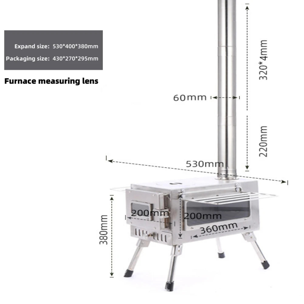 Portable Stainless Steel Tent Stove: Wood Burning Stove with Chimney Pipe for Camp Heating & Cooking