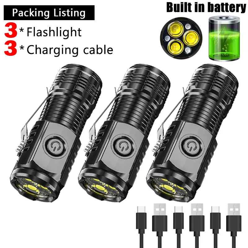 Mini linterna portátil de 3 LED con clip para bolígrafo, base magnética y carga USB: ideal para emergencias al aire libre.