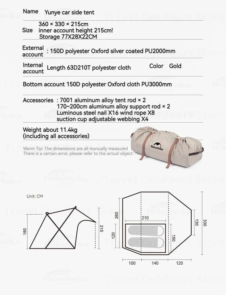 Tienda de campaña lateral Naturehike para coche: toldo todoterreno para camping y glamping