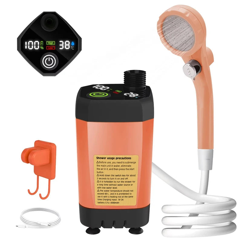 6000mAh Portable Camping Shower Pump Outdoor Shower Kit w/Full Screen Intelligent Digital Display For camping pet bath car wash Trekker Essentials
