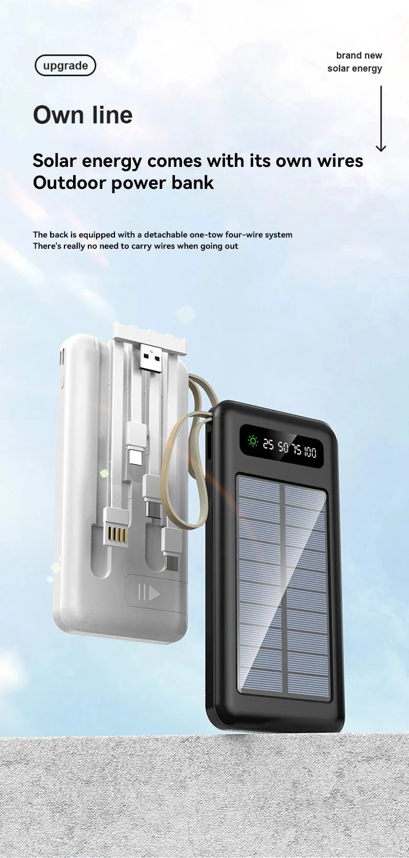 200000mAh Solar Power Bank – Ultra High Capacity Fast Charging Portable Charger with Built-in Cables & LED Light Trekker Essentials