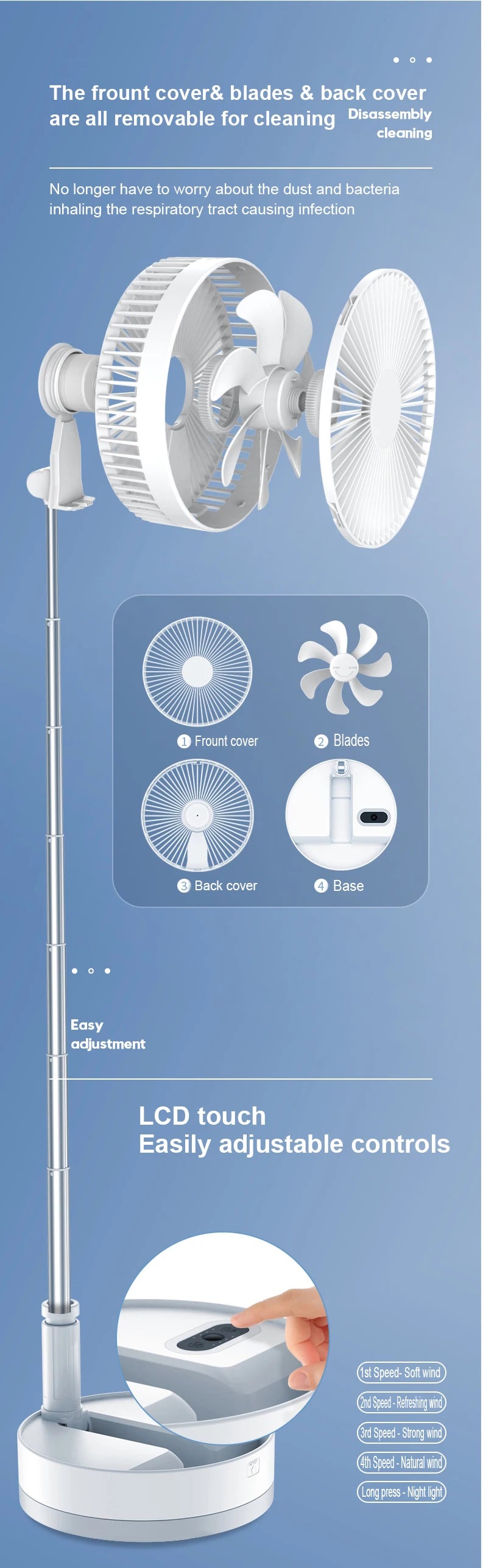 Ventilador de suelo plegable portátil de 10800 mAh | Recargable por USB, control remoto, enfriador de aire silencioso para acampar