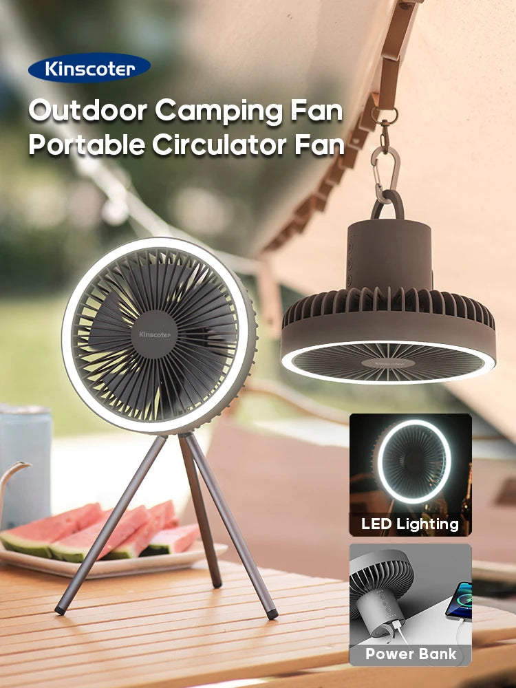 10000mAh Camping Fan Rechargeable Desktop Portable Air Circulator Wireless Ceiling Electric Fan with Power Bank LED Light Tripod Trekker Essentials
