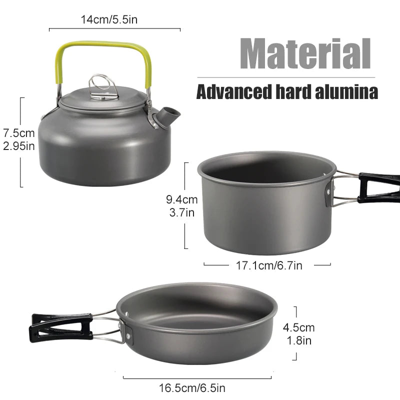 Aluminum Camping Cookware Set – Portable Outdoor Cooking Kit with Pot, Frying Pan & Kettle for 2–3 People Trekker Essentials
