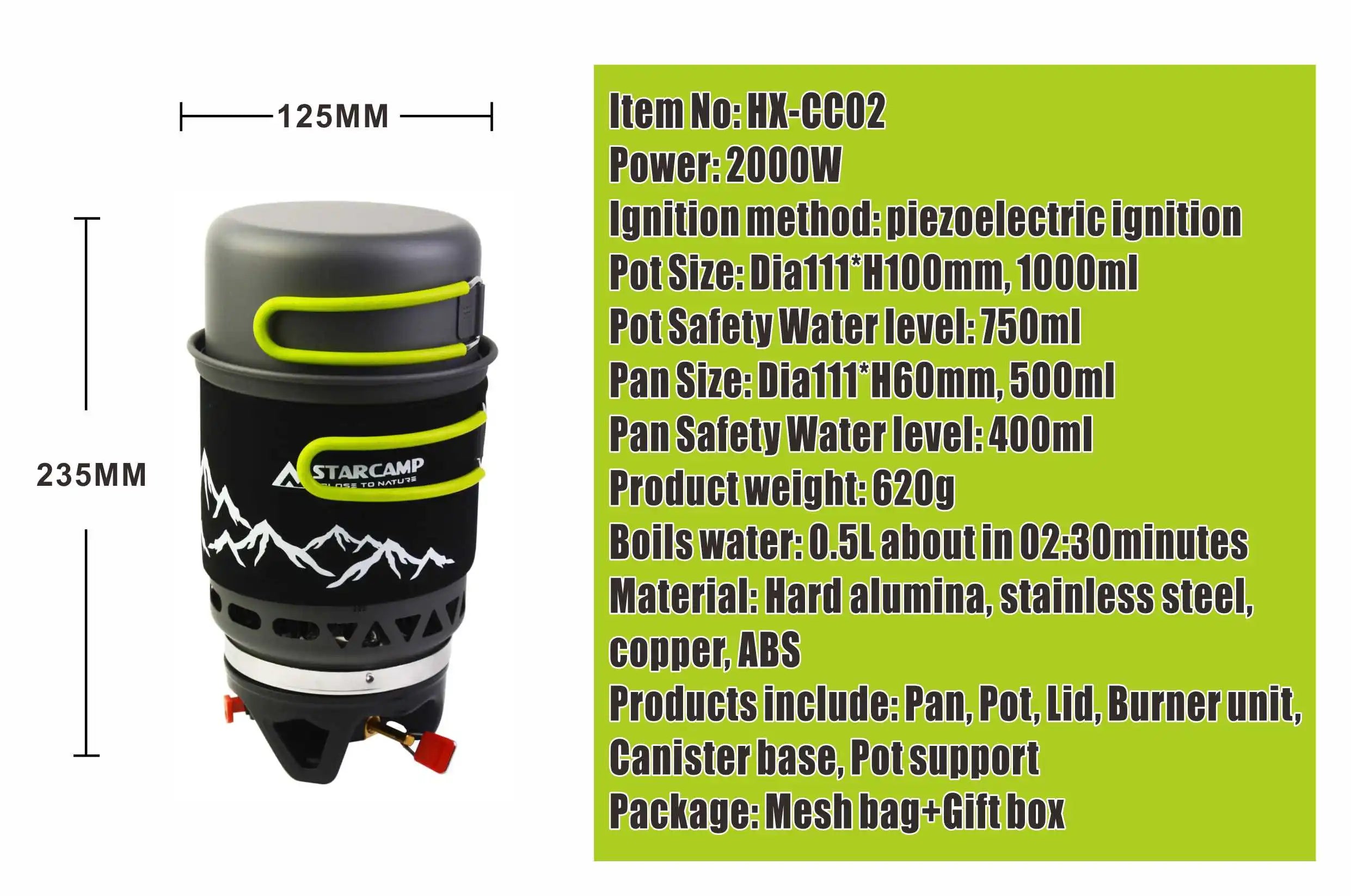 1000+500ml Dual-Pot Fast-Boil Camping Stove System with Ignition