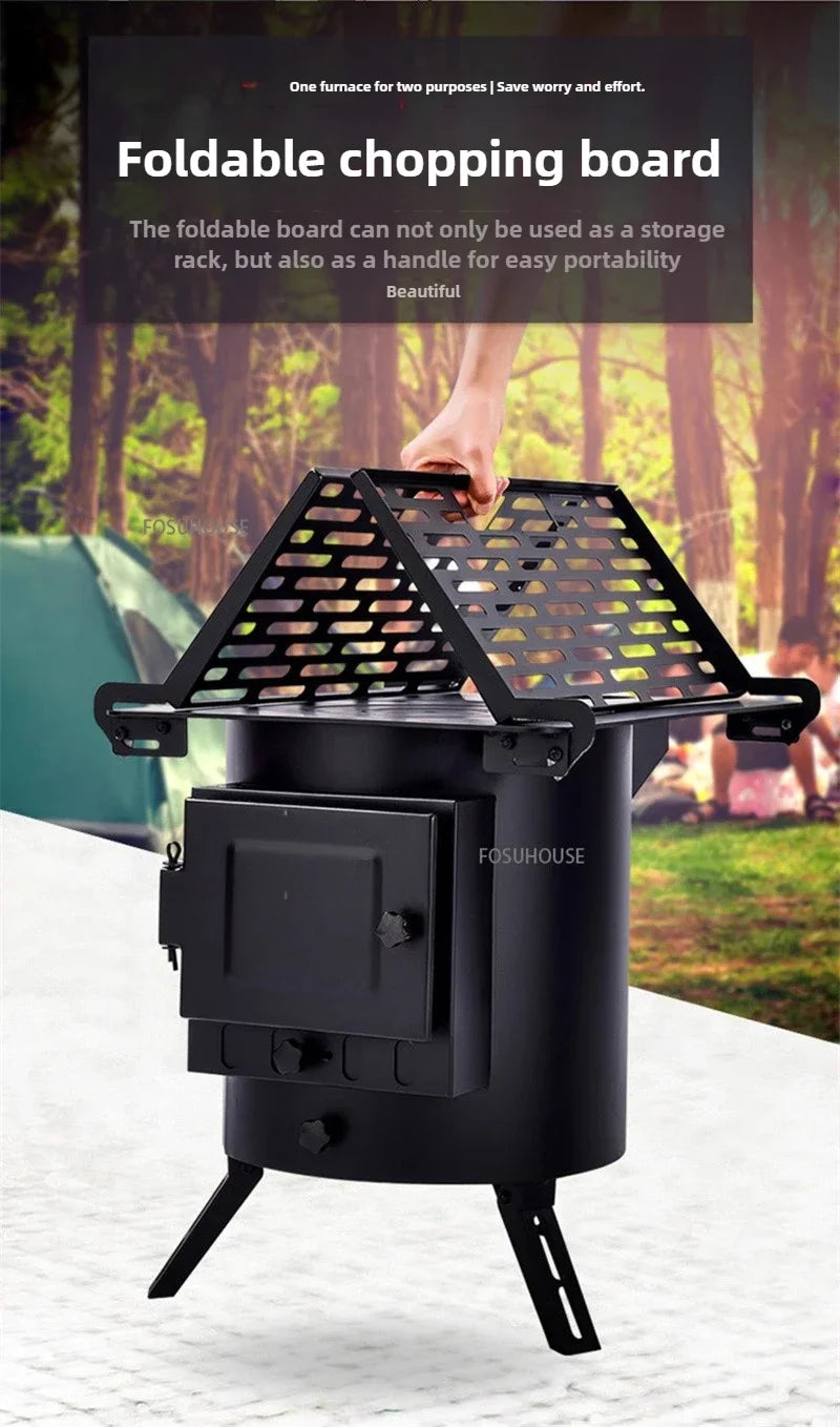 Mobile Wood Burning Heater Stove for Indoor & Outdoor Use - Portable Heating with Cooking Top