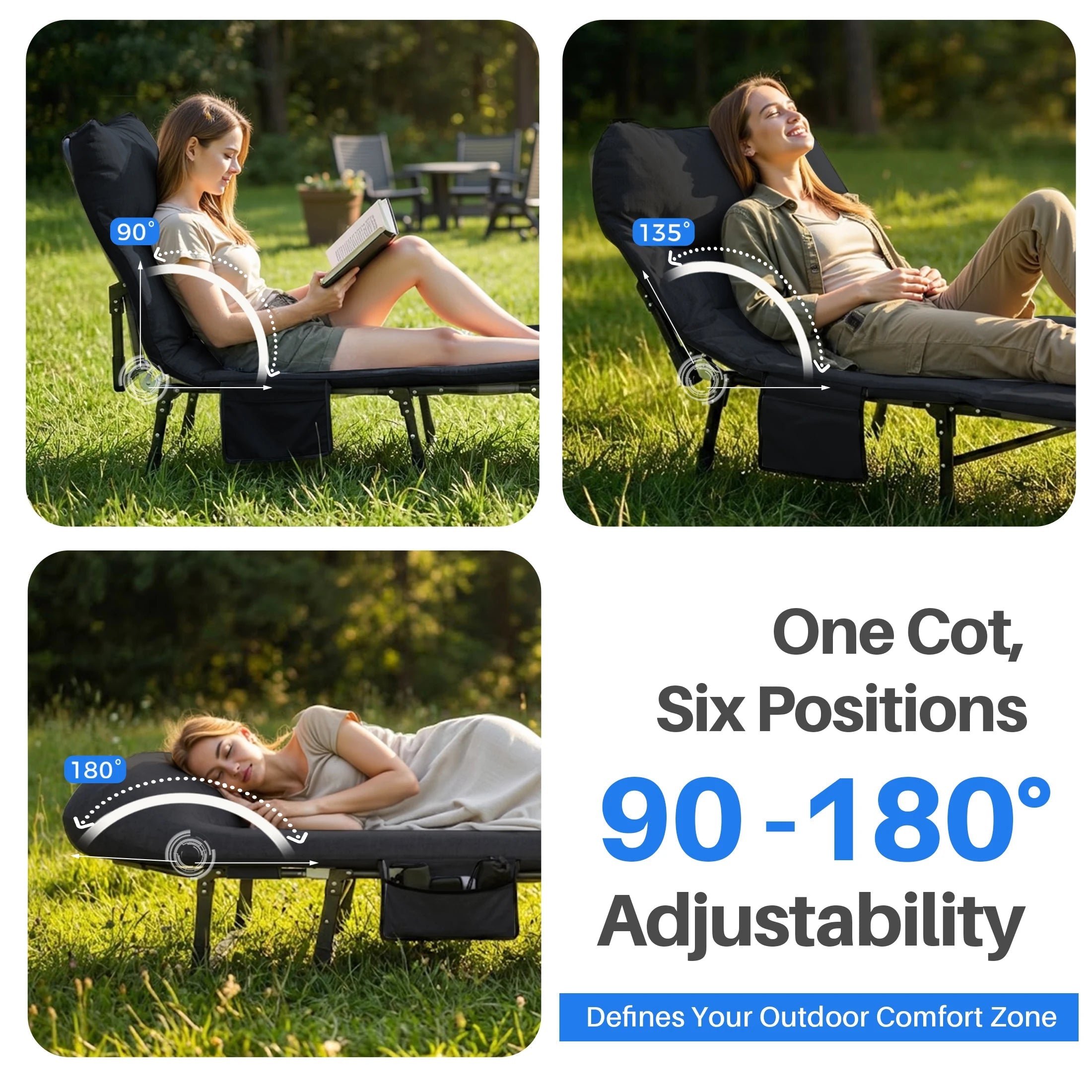 JHK Folding Camping Makeshift Bed with Mattress Lightweight Adjustable Camping Bed Supports 450 lbs Camping Cot with Carry Bag 6 Angle Camping Bed for Camp Outdoor Trekker Essentials