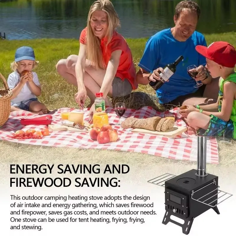 Portable Stainless Steel Tent Stove: Wood Burning Stove with Chimney Pipe for Camp Heating & Cooking