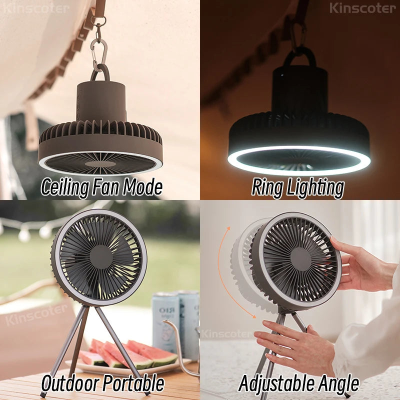 10000mAh Camping Fan Rechargeable Desktop Portable Air Circulator Wireless Ceiling Electric Fan with Power Bank LED Light Tripod Trekker Essentials