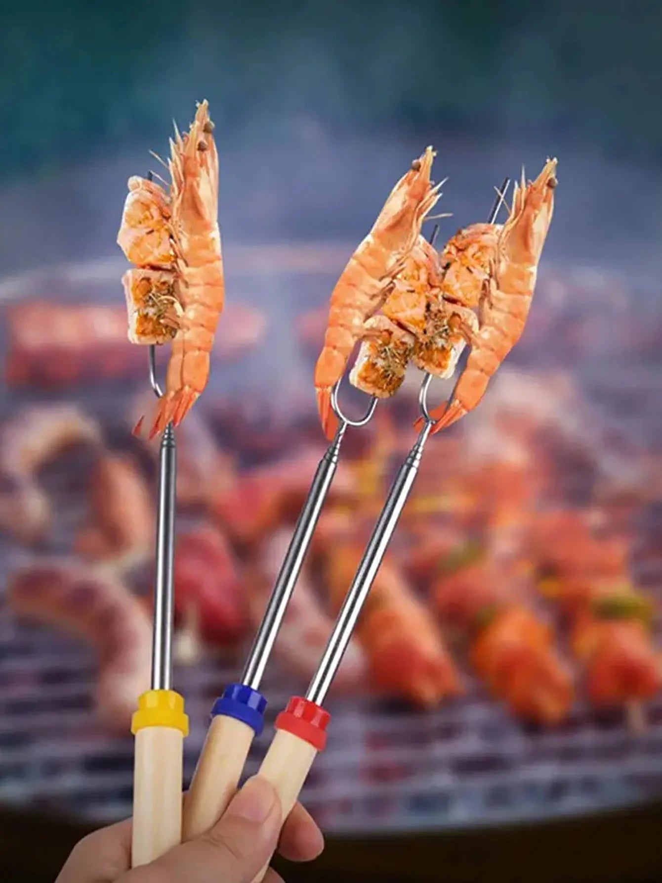 Telescopic Marshmallow Roasting Sticks, Extendable Stainless Steel BBQ Forks with Wooden Handles for Outdoor Camp Campfire Trekker Essentials