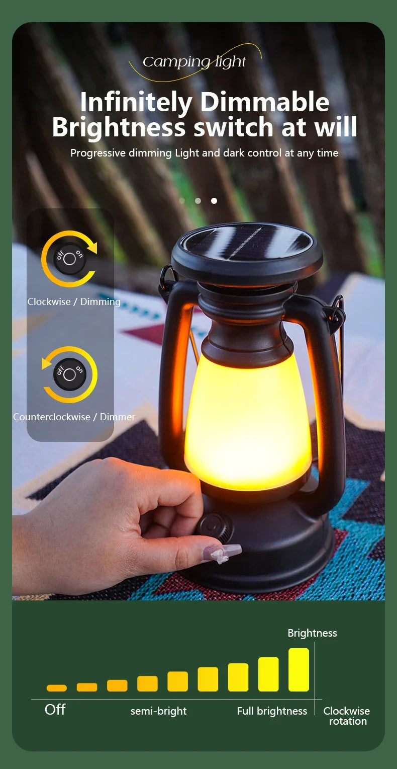 USB & Solar Rechargeable Camping Lantern – Portable LED Tent Light with 3000K–5000K Dimming, Waterproof Outdoor Lamp