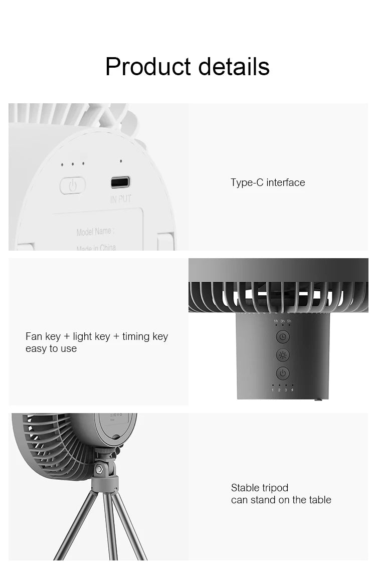 10000mAh Camping Fan Rechargeable Desktop Portable Air Circulator Wireless Ceiling Electric Fan with Power Bank LED Light Tripod Trekker Essentials