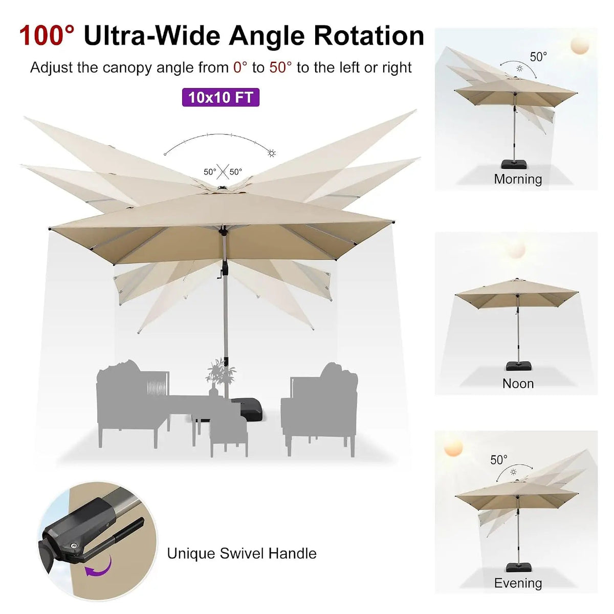 Patio Umbrella with Base 10' x 10' Left-right Tilting Beige | Shade at Every Angle Left-right Tilt, 5 Adjustable, Customized Trekker Essentials