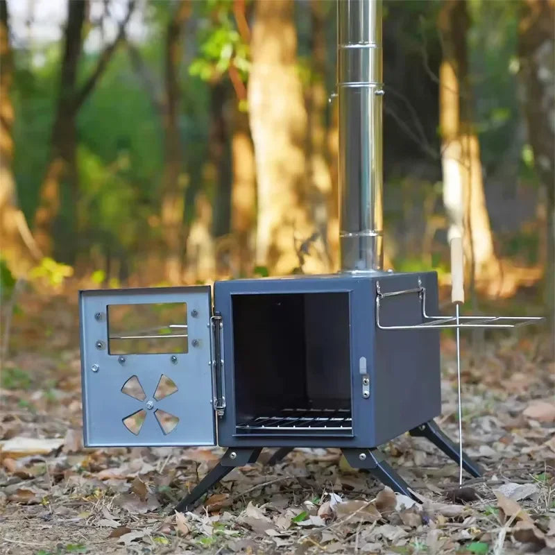 Portable Black Iron Wood Stove: Complete Tent Heating & Camping Cooking Stove Kit with Chimney