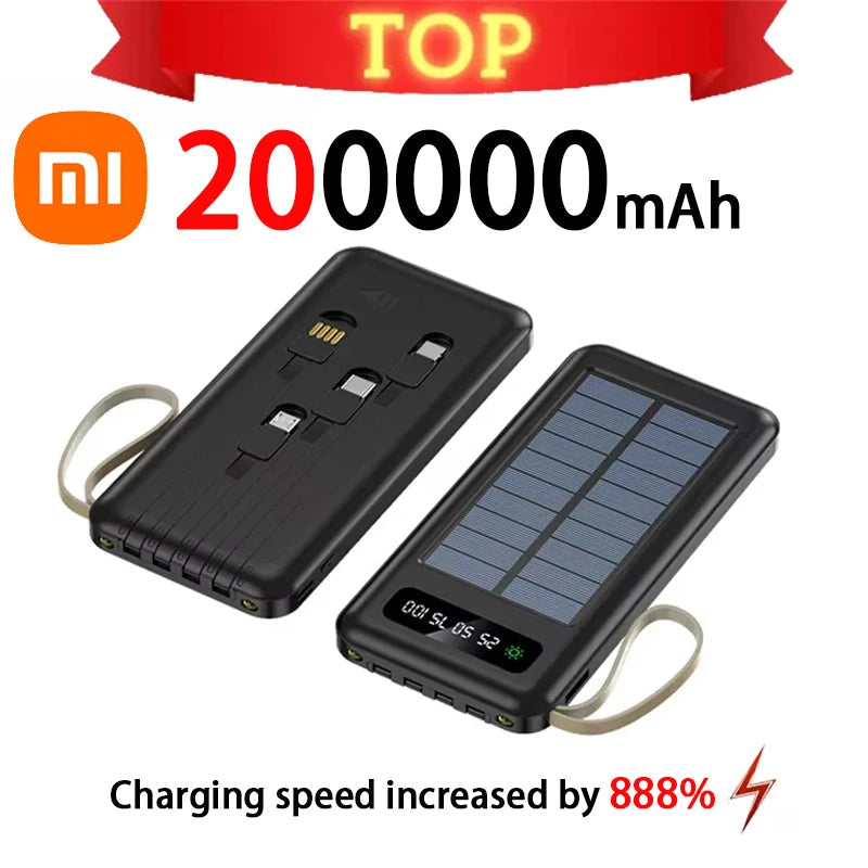 200000mAh Solar Power Bank – Ultra High Capacity Fast Charging Portable Charger with Built-in Cables & LED Light Trekker Essentials