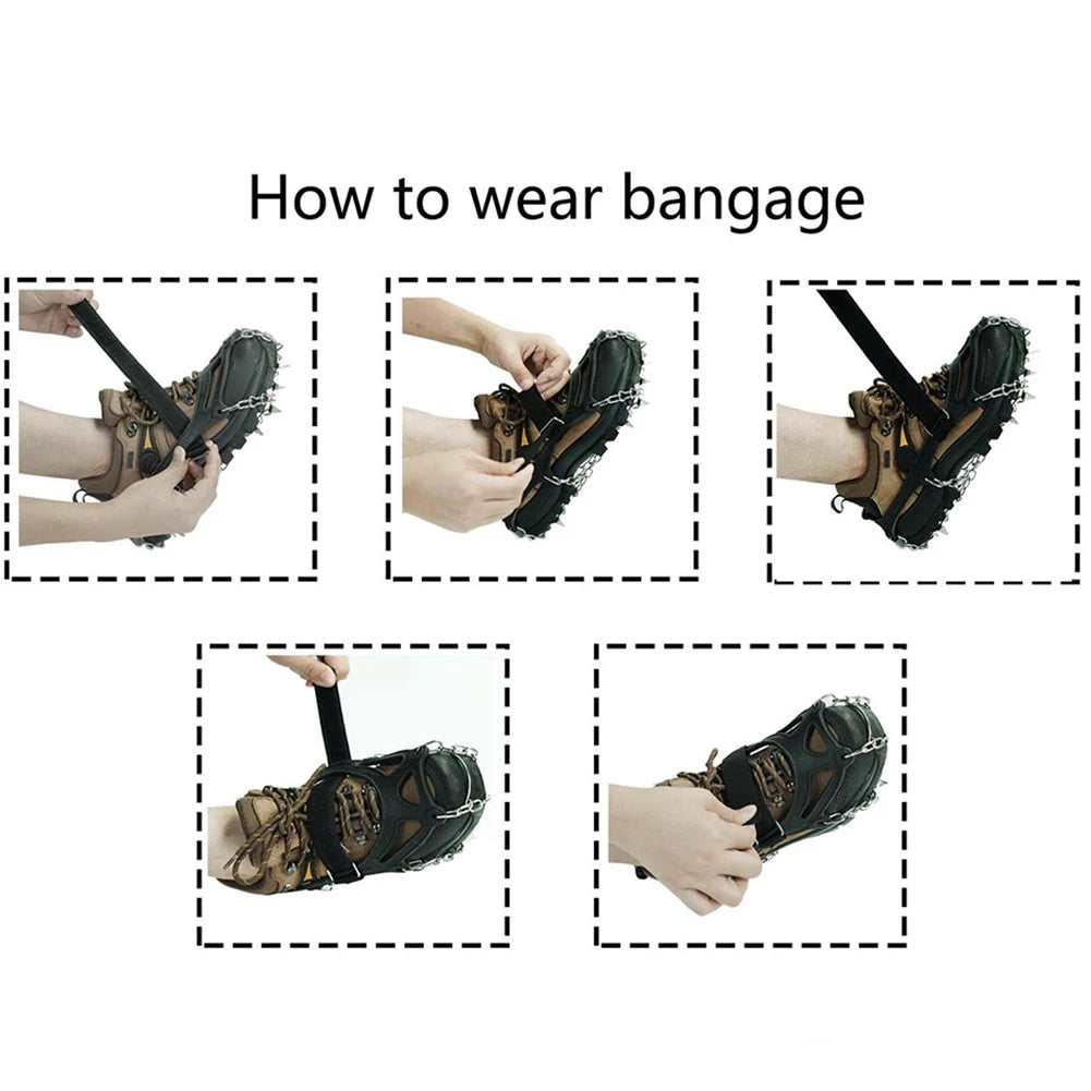 Crampones de hielo de 24 dientes: agarres ligeros de acero inoxidable para nieve con bolsa de transporte para senderismo y running en invierno.