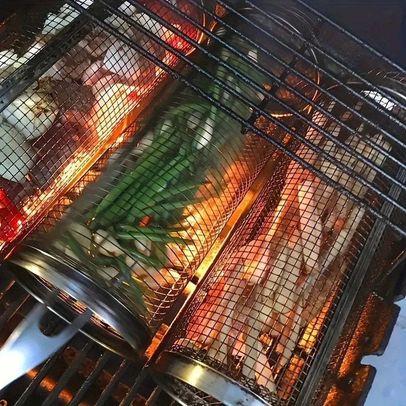 2pc Stainless Steel Rolling Grill Basket Set - Heavy Duty Cylinder Mesh for Camping, Picnic & Outdoor BBQ Accessories Trekker Essentials