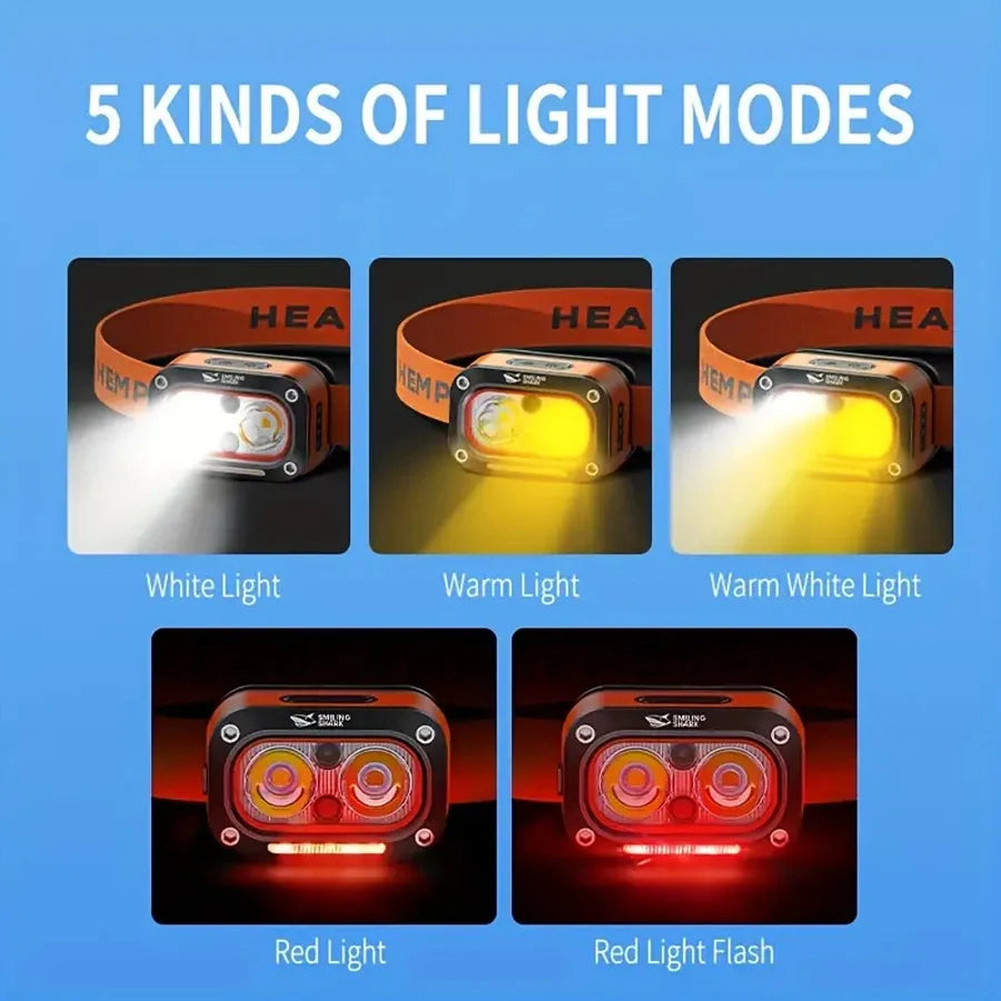 Rechargeable Motion Sensor Headlamp - 45° Adjustable Hands-Free Light for Camping, Hiking & Fishing
