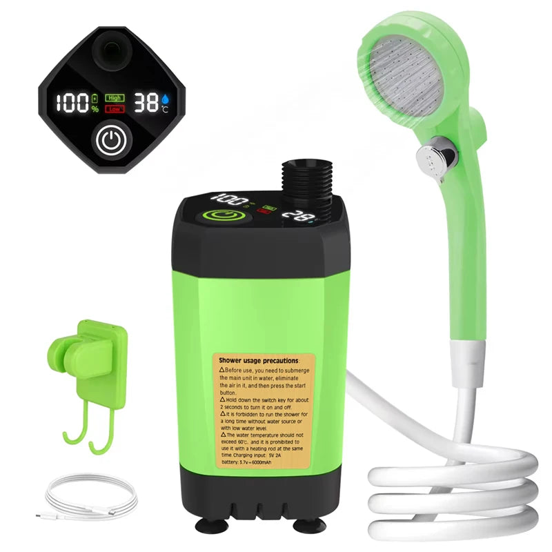 6000mAh Portable Camping Shower Pump Outdoor Shower Kit w/Full Screen Intelligent Digital Display For camping pet bath car wash Trekker Essentials