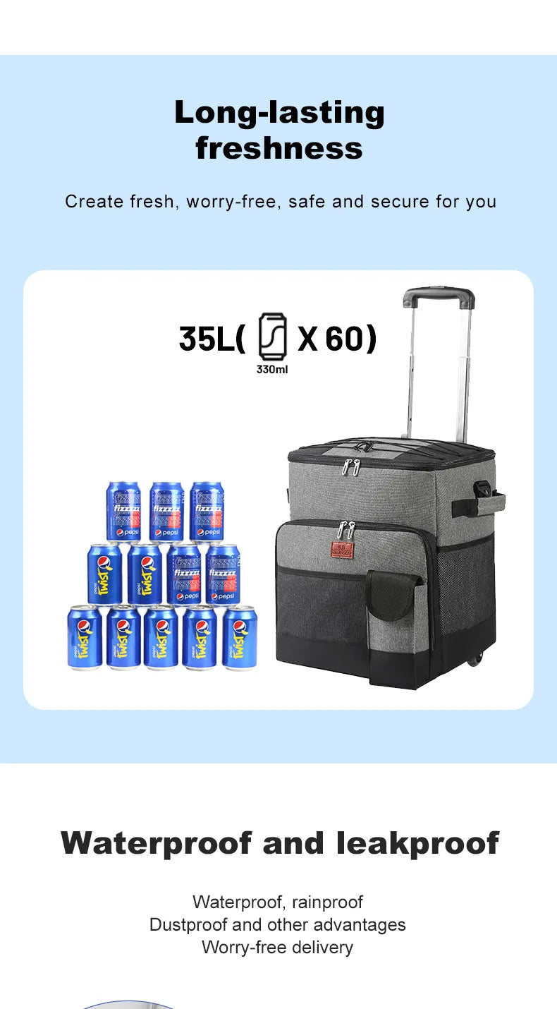 Cooler with Wheels and Handle Removable Wheels Insulated Portable Rolling Cooler Bag for Camping Hiking BBQ Summer Beach Travel