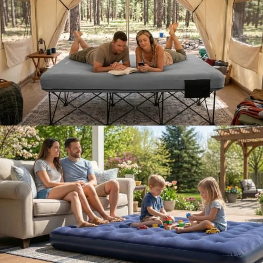 Queen Camping Cot with Electric Pump 2 Person Inflatable Air Mattress with Folding Frame Portable Camping Bed with Cup Holders