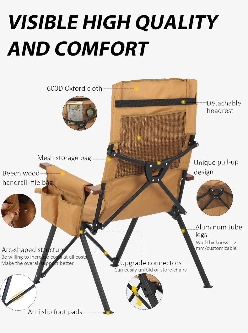 Adjustable 5-Position Folding Chair With Pillow & Armrests - Perfect For Outdoor Camping, Fishing, And Patio Relaxation
