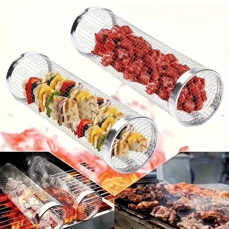 2pc Stainless Steel Rolling Grill Basket Set - Heavy Duty Cylinder Mesh for Camping, Picnic & Outdoor BBQ Accessories Trekker Essentials
