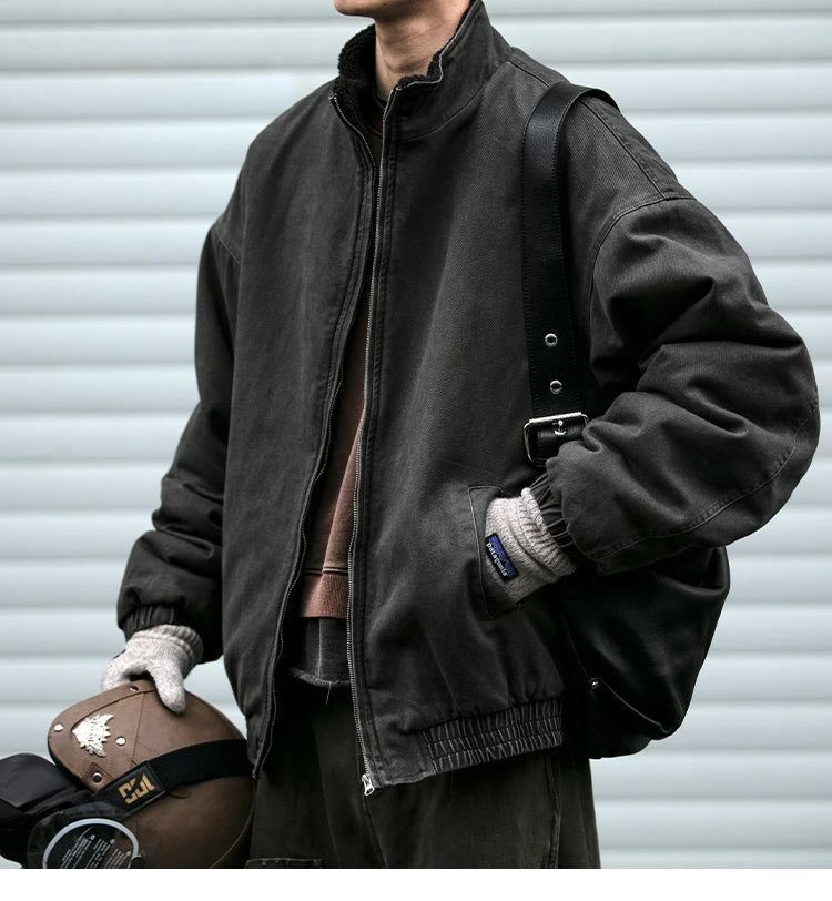 Vintage Polar Fleece Jacket Men's Winter Thick Loose Fit Streetwear Warm Coat