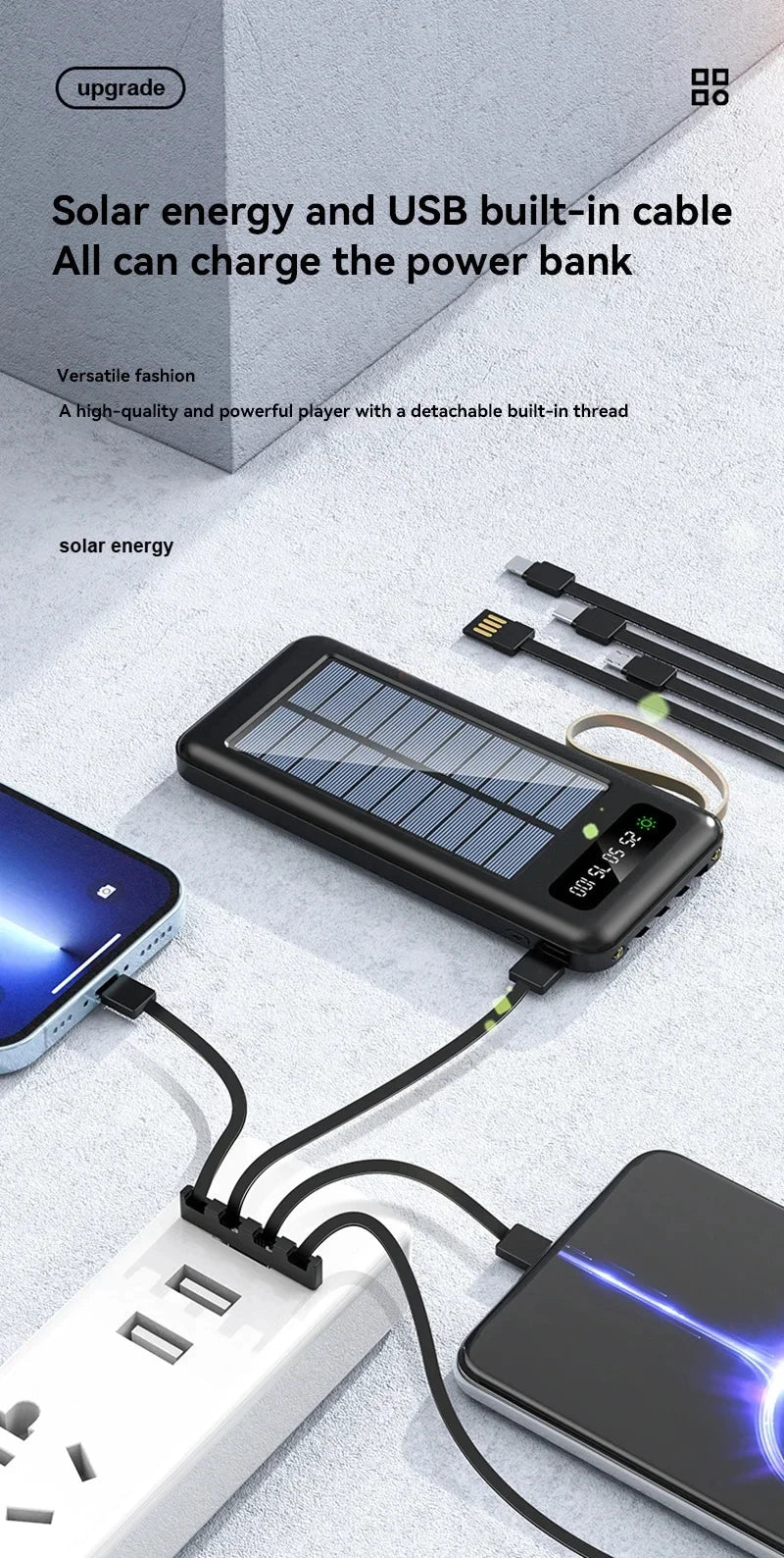 200000mAh Solar Power Bank – Ultra High Capacity Fast Charging Portable Charger with Built-in Cables & LED Light Trekker Essentials