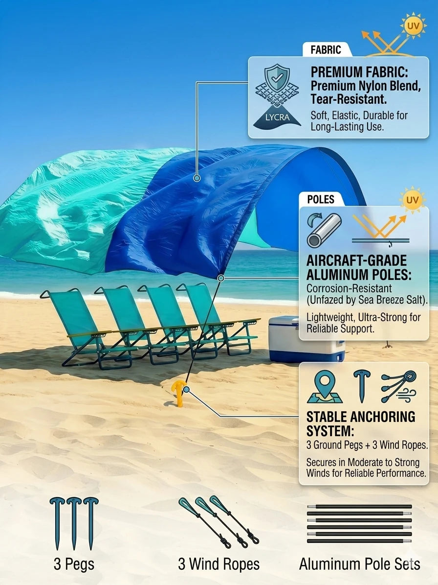 Wind-Resistant Beach Shade Tent 150 sq ft oversized canopy with sand anchors 4 lb ultralightweight UPF 50+ sun protection tent Trekker Essentials