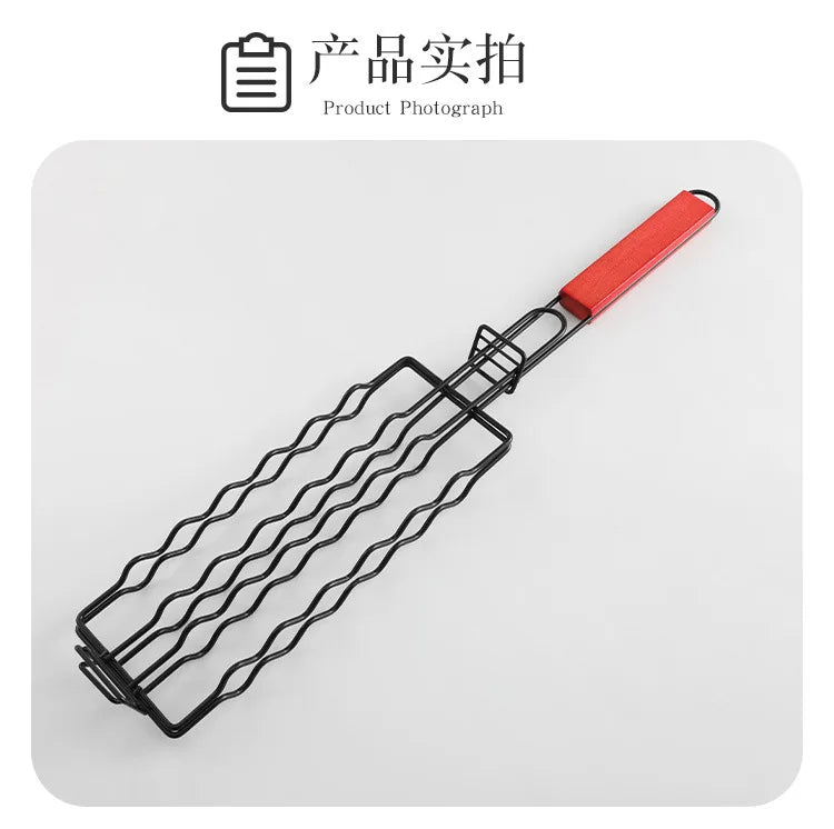 Pinza de malla antiadherente para barbacoa con mango de madera para camping