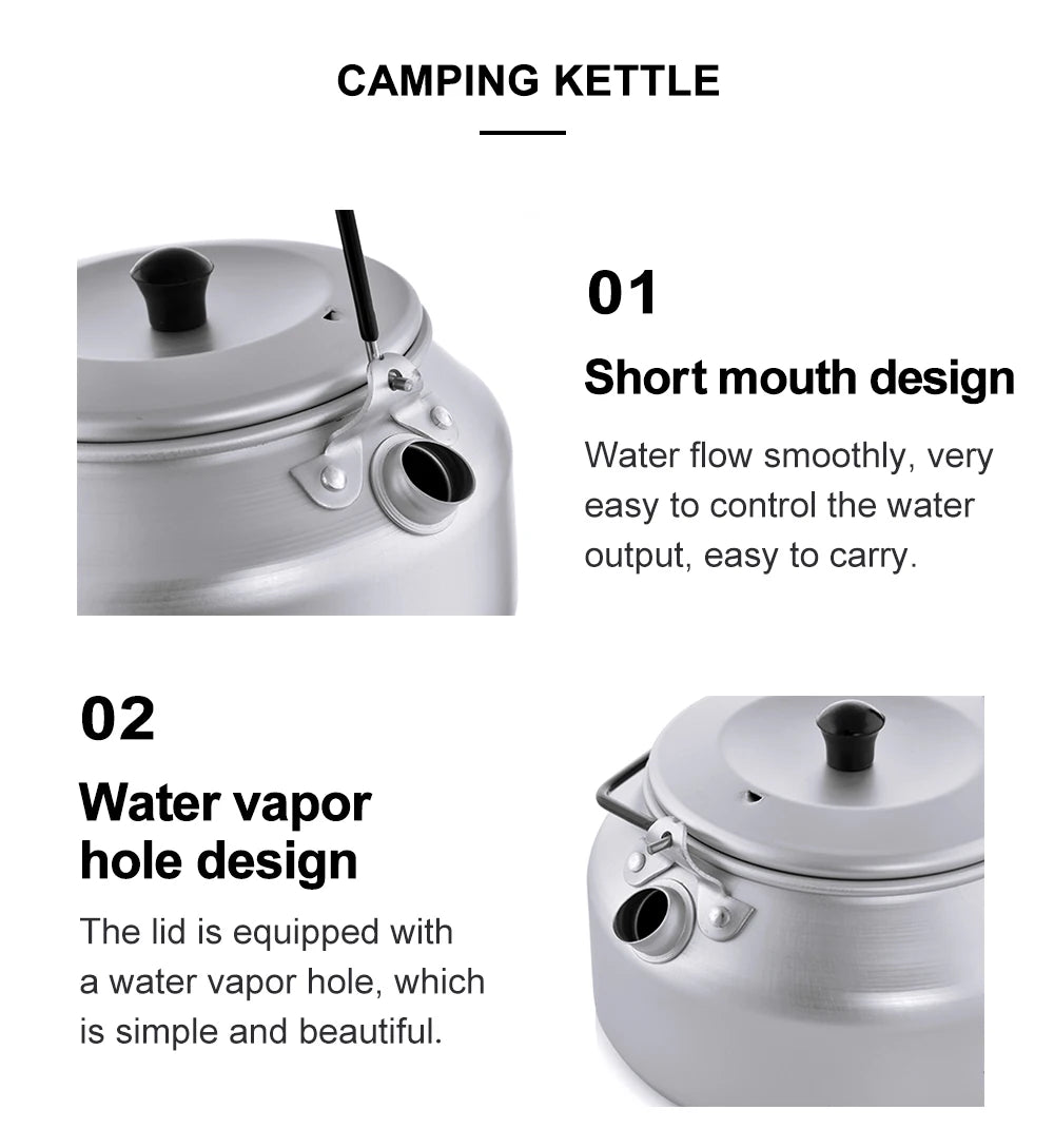 1L Pure Aluminum Camping Kettle with Short-Hole Removal Handle, Lightweight Portable Travel Cookware