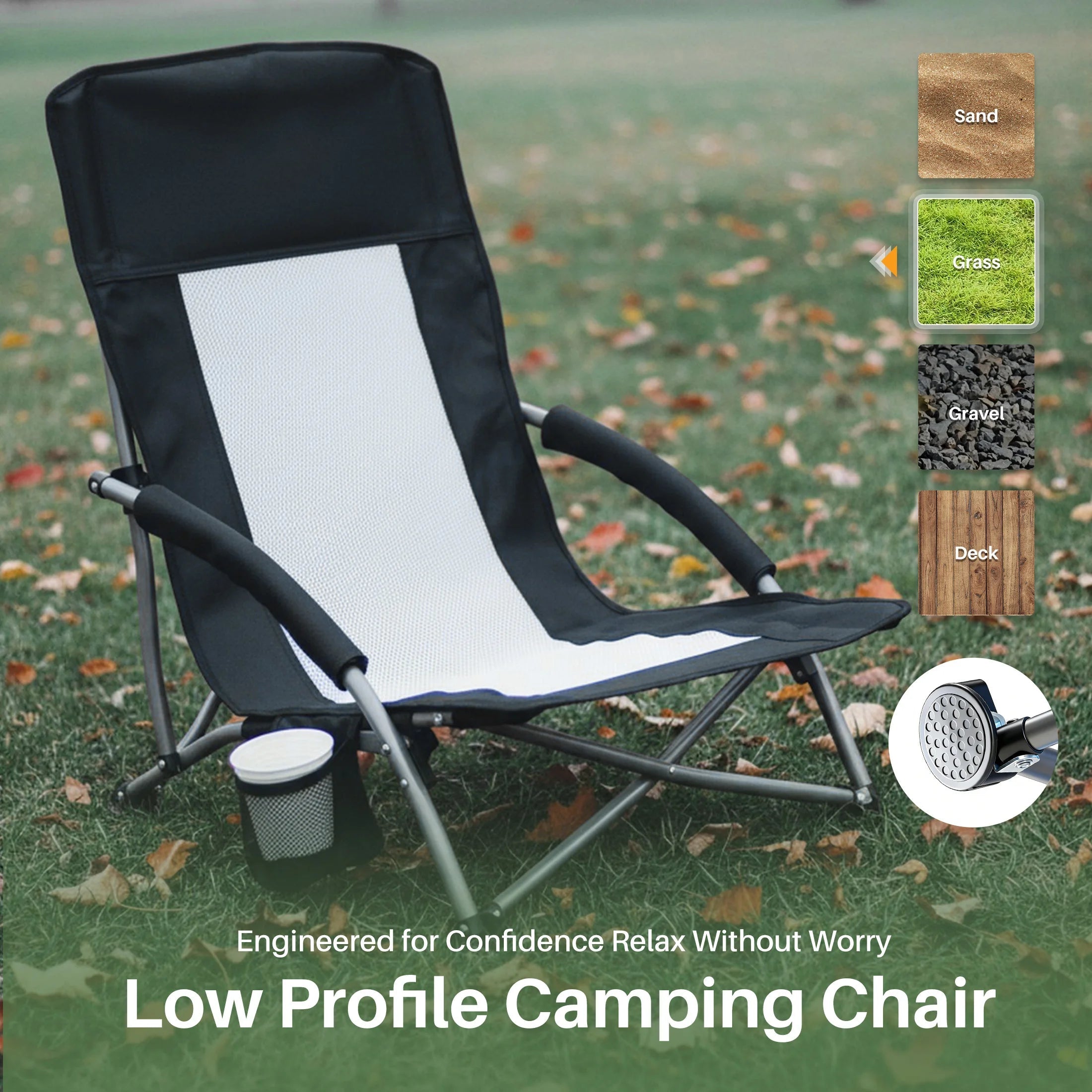 JHK Portable Lightweight Low Camping Beach Chair Mesh Back Padded Armrests Folding Beach Chair with Cup Holder Storage Pocket for Camp Picnic Lawn Trekker Essentials