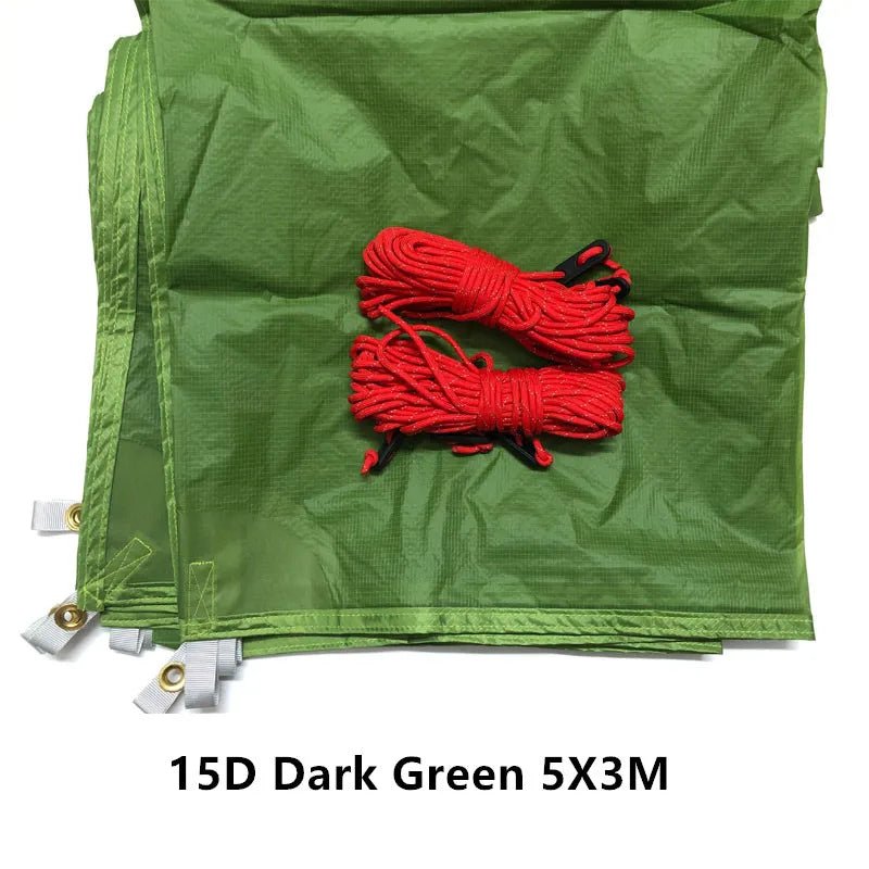 Ultralight Camping Tarp 15D Nylon Silicone Coated – Waterproof Backpacking Shelter (3×3 / 4×3 / 5×3 m) Trekker Essentials