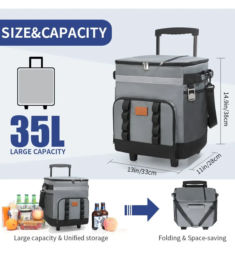 35L Leakproof Soft Cooler Bag with Wheels Large Capacity Insulated Thermal Tote for Picnic Camping Beach Delivery Multi-purpose Trekker Essentials