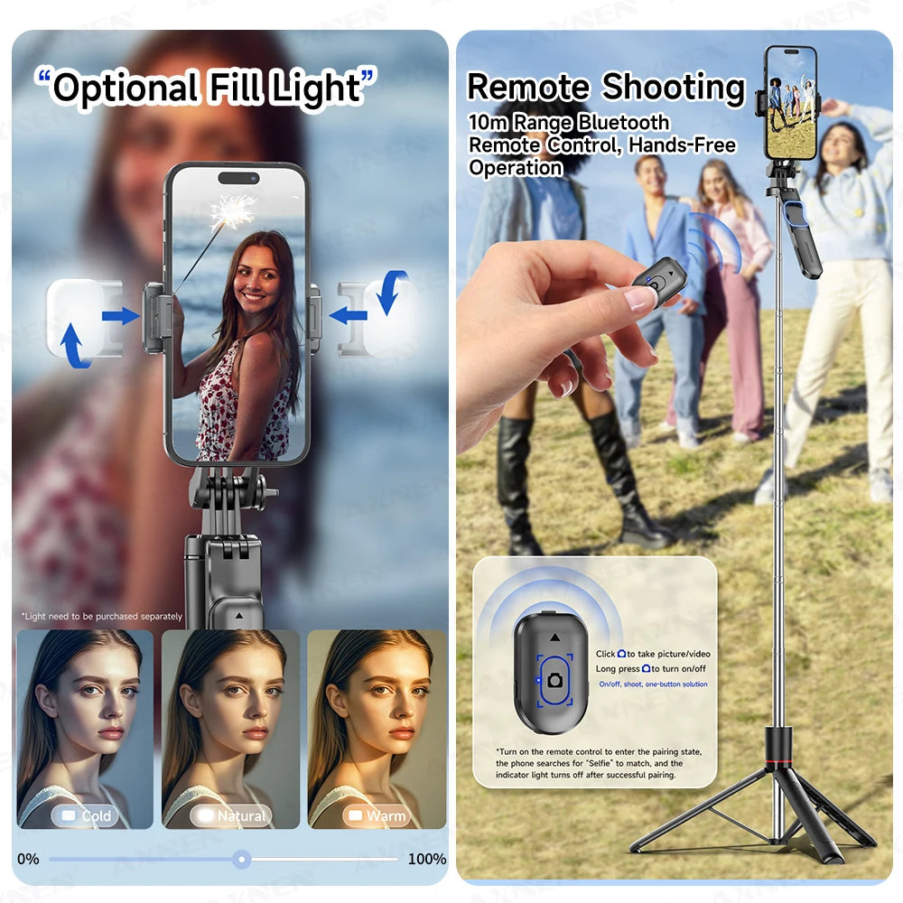 F16 Selfie Stick Tripod with 1708mm Long 8-Section Pole, Bluetooth Remote, 360° Rotation, 1/4 Interface, for Phone Camera Vlog Trekker Essentials