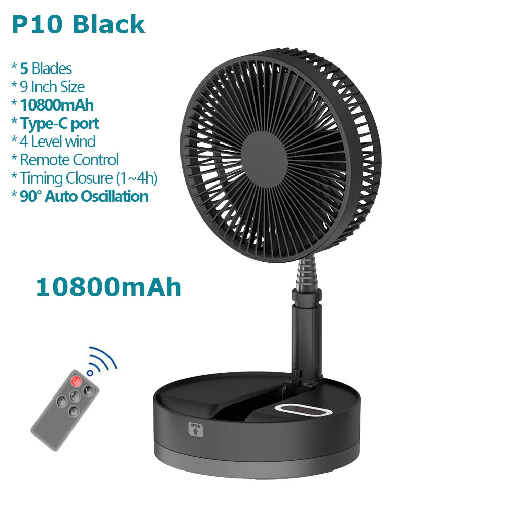 Ventilador de suelo plegable portátil de 10800 mAh | Recargable por USB, control remoto, enfriador de aire silencioso para acampar