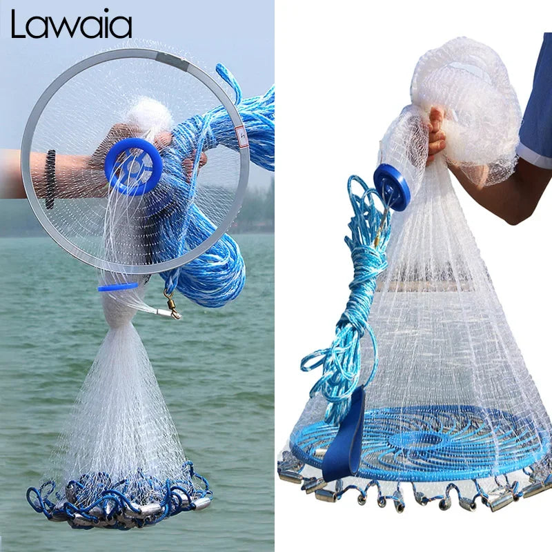 Lawaia Hand Cast Net Aluminum or Blue Plastic Ring Folding Network Steel Pendant Monofilament Nylon Fishing Line Fishnet Trekker Essentials