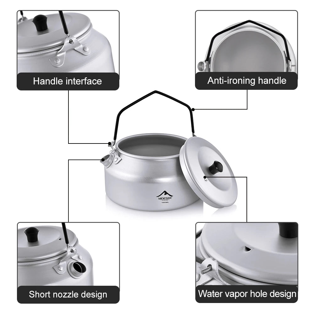 1L Pure Aluminum Camping Kettle with Short-Hole Removal Handle, Lightweight Portable Travel Cookware