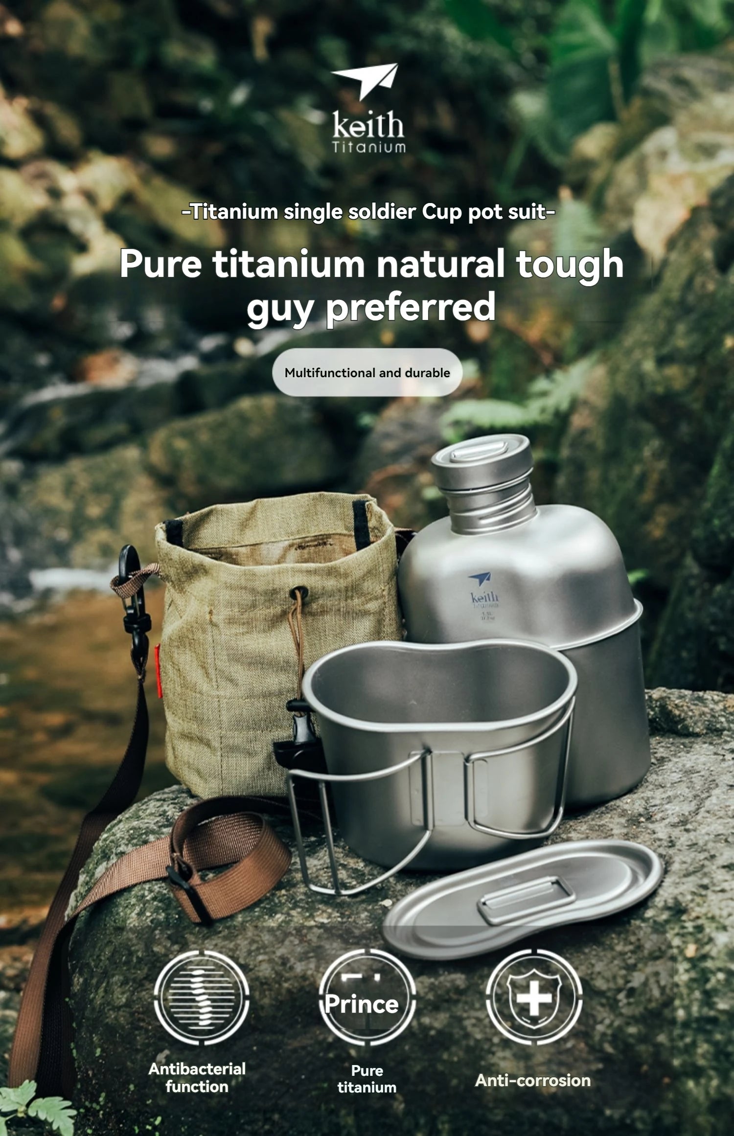 Keith Ti3060 Pure Titanium Canteen Mess Kit – Ultralight Camping Water Bottle & Cup Set with Carrying Pouch