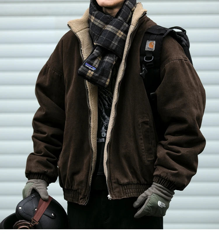 Vintage Polar Fleece Jacket Men's Winter Thick Loose Fit Streetwear Warm Coat