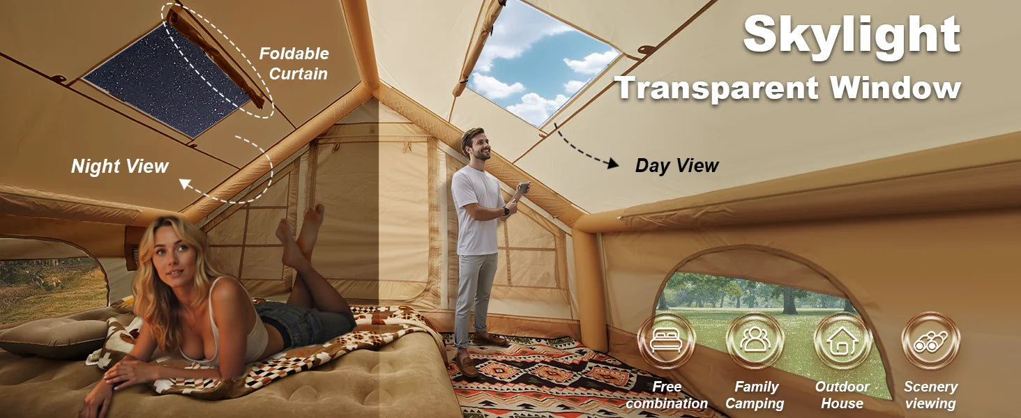 Portable Inflatable Camping Tent 2/4/6/8 Person for Family 420D Oxford Inflatable Tent House with Skylight 4 Seson Blow up Tent with Stove Jack AC Vent Mesh Window Trekker Essentials