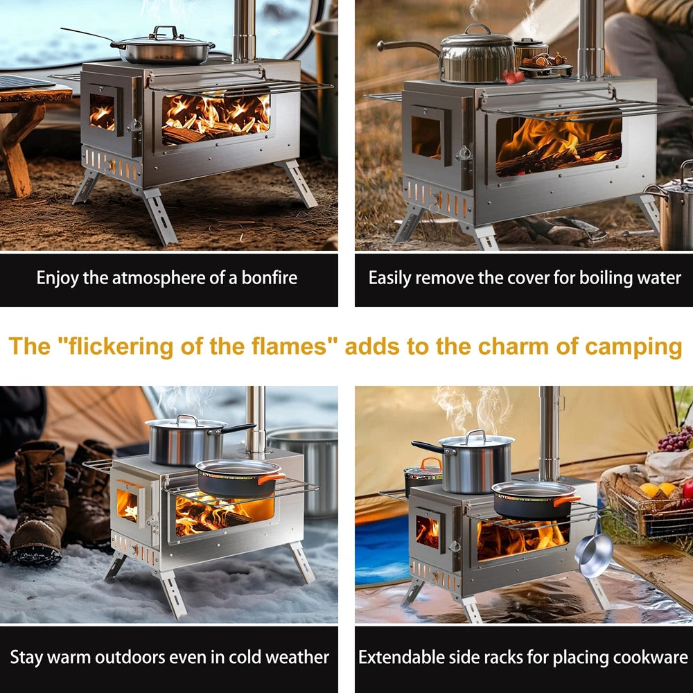 Portable Hot Tent Stove with 6 Chimney Pipes | Stainless Steel Wood Burning Stove for Camping Heating & Cooking