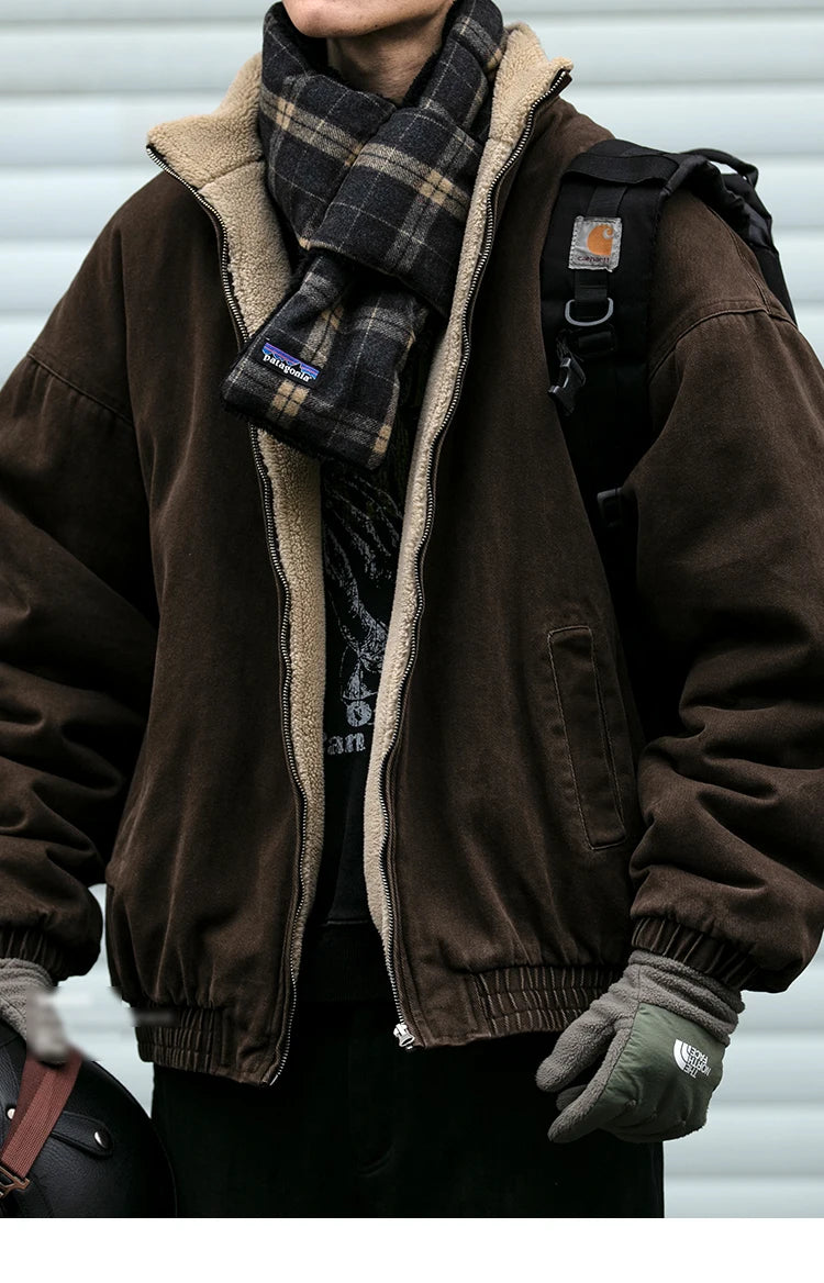 Vintage Polar Fleece Jacket Men's Winter Thick Loose Fit Streetwear Warm Coat